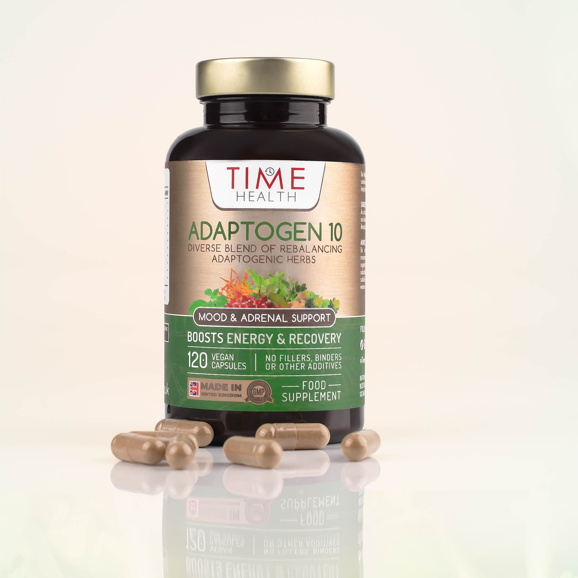 Adaptogen supplement bottle standing above a selection of capsules