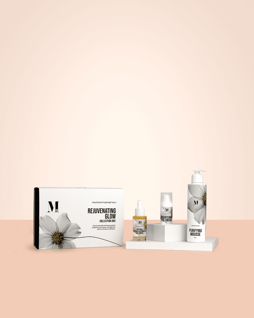 A collection of skincare products on a peach and white studio set