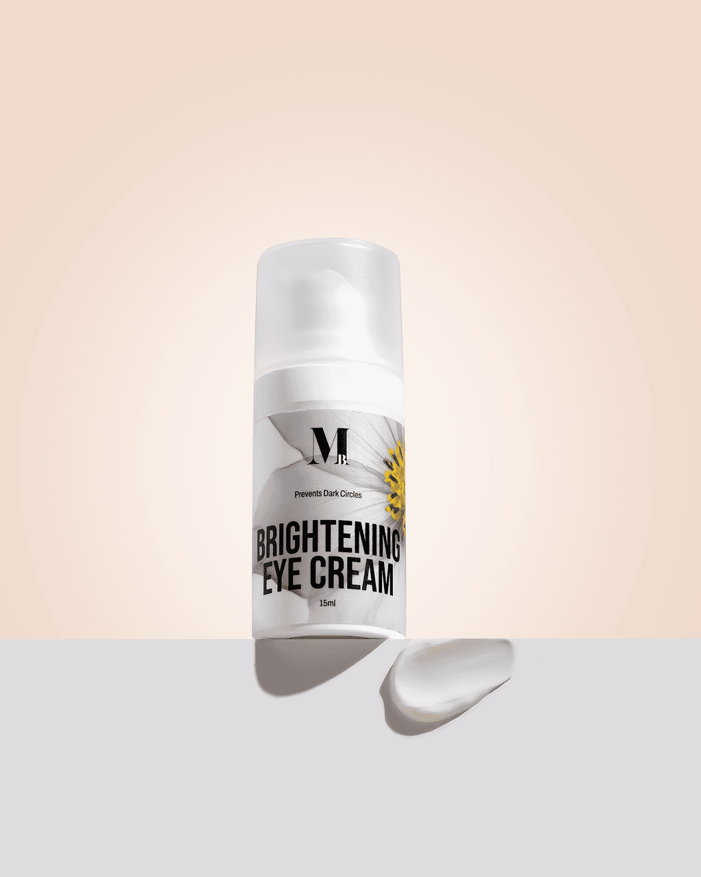 White skincare bottle with a drop of product on a white plinth